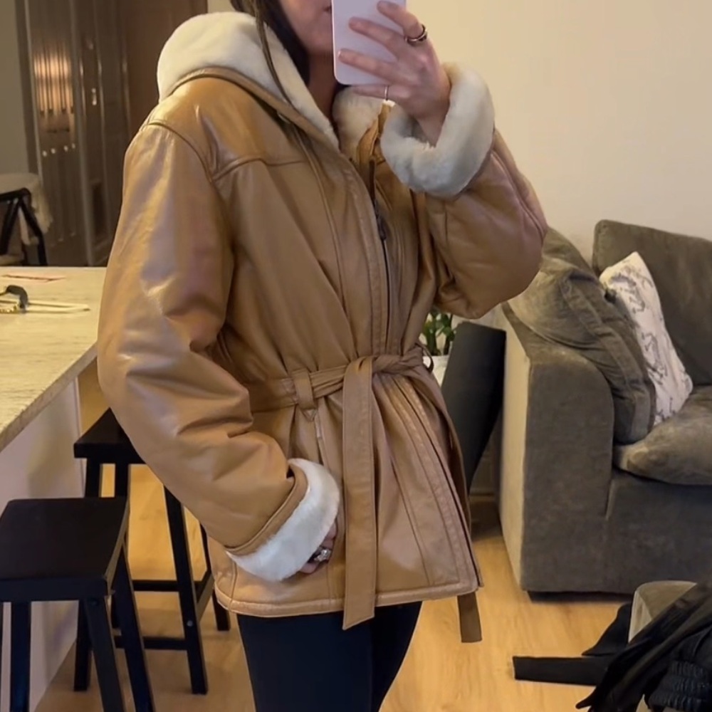 Women's Tan Leather Jacket with Belt